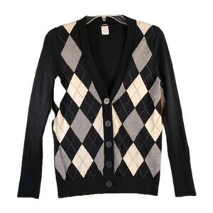 J.CREW Women’s Merino Wool Cardigan Small Black Argyle V‑Neck Preppy Classic